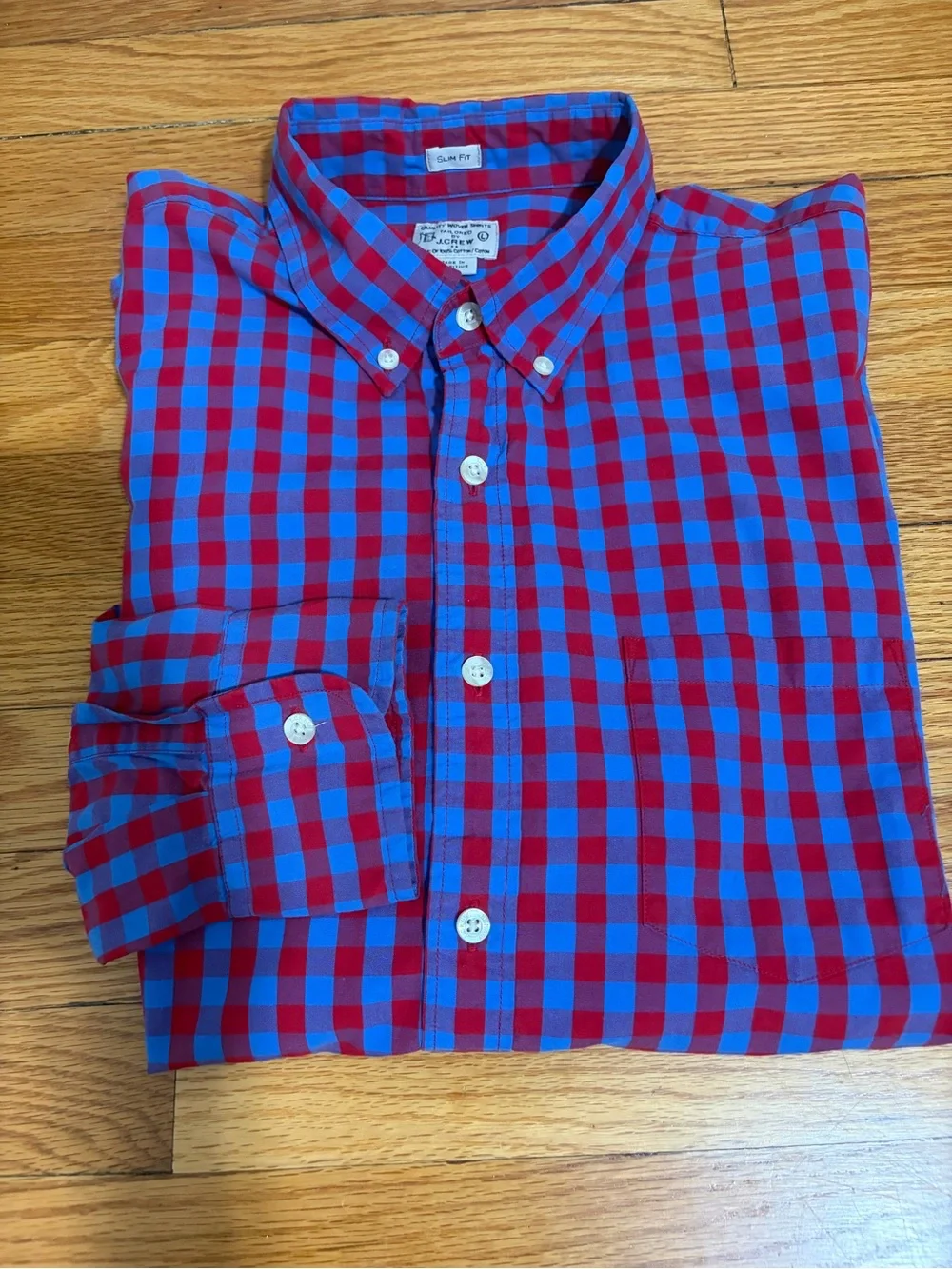 J. Crew Slim Fit Red Blue Gingham  Plaid Button Down Shirt Men’s Quality Woven L